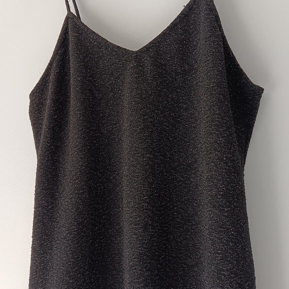 Angie Slip Mini Dress Black Silver Metallic Shimmer Spaghetti Strap Low V Medium - Picture 6 of 14